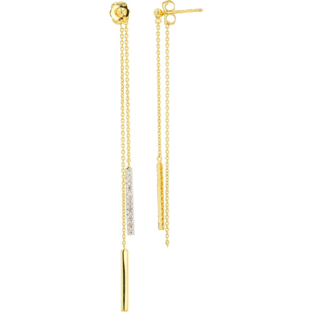10K Yellow Gold Double-Chain Drop Earrings with Channel-Set Round Diamonds - 0.12 Carat Total Diamond Weight