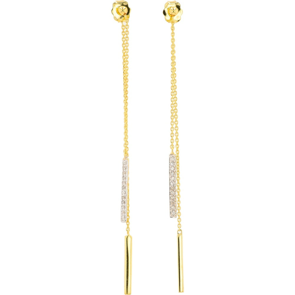10K Yellow Gold Double-Chain Drop Earrings with Channel-Set Round Diamonds - 0.12 Carat Total Diamond Weight