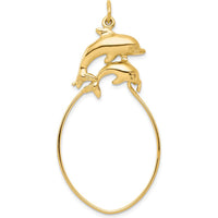 10K Yellow Gold Double Dolphin Charm Holder Pendant - 45mm Length