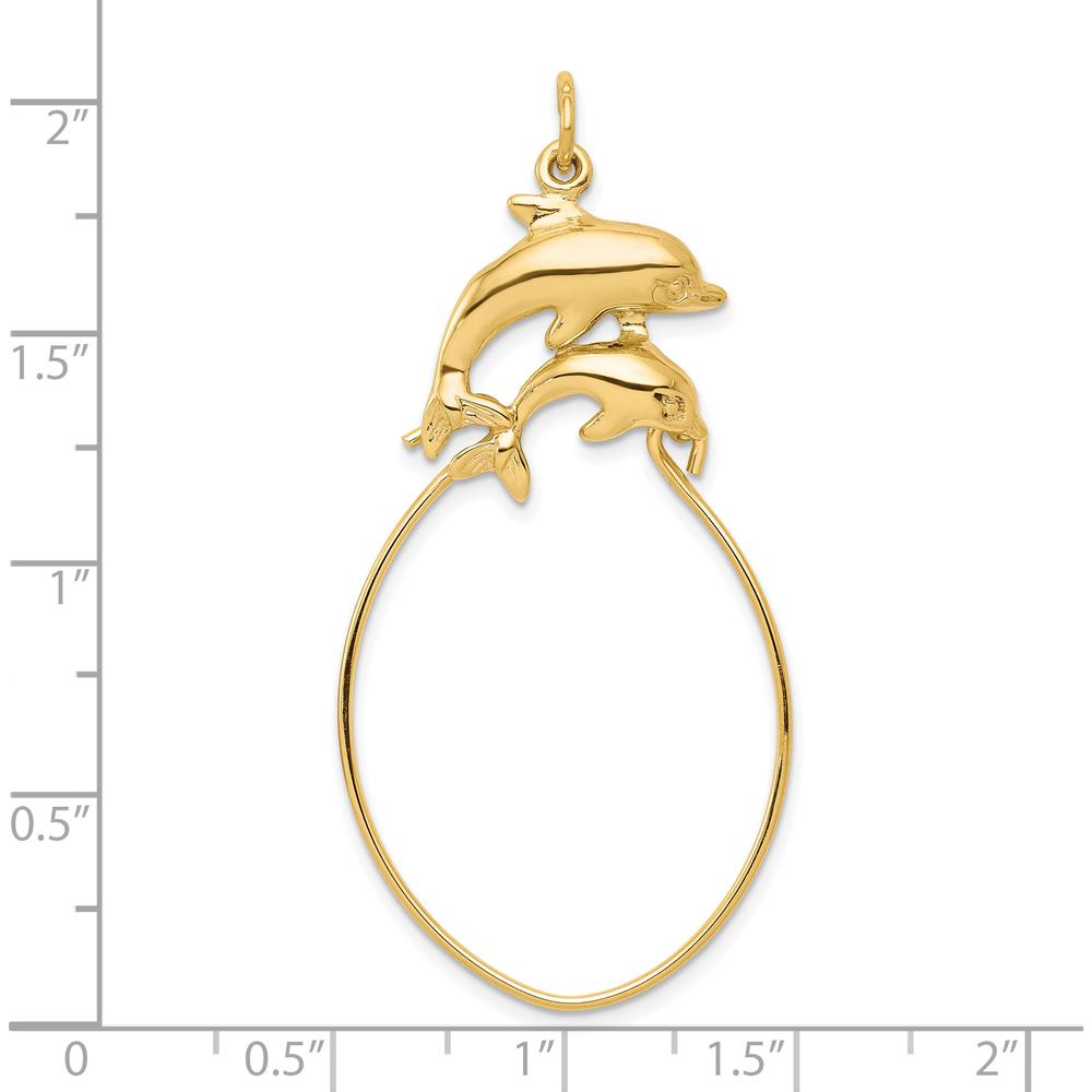 10K Yellow Gold Double Dolphin Charm Holder Pendant - 45mm Length