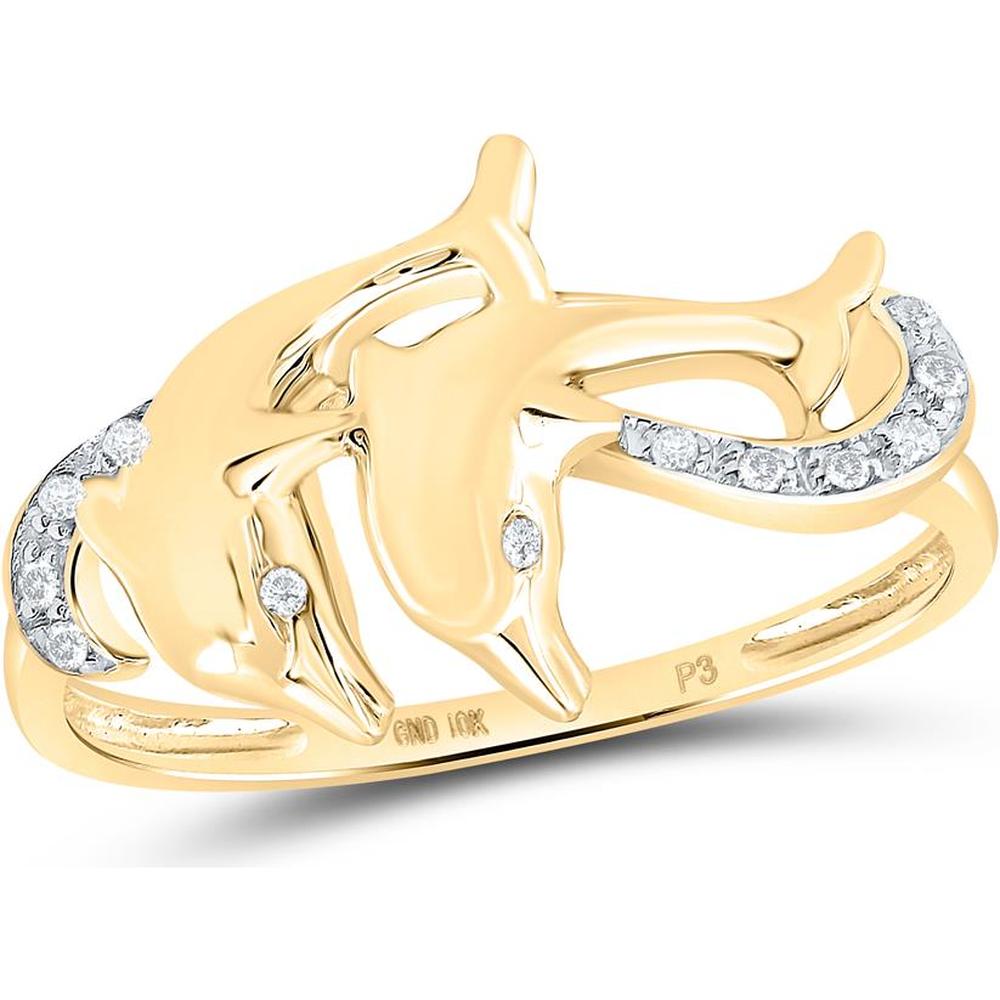 10K Yellow Gold Double Dolphin Motif Ring with Prong-Set Round Diamonds - 1/20 Carat Total Diamond Weight