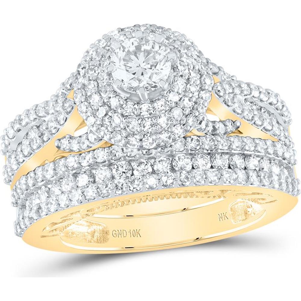 10K Yellow Gold Double Halo Bridal Wedding Ring Set with Round Diamonds - 2.25 Carat Total Diamond Weight