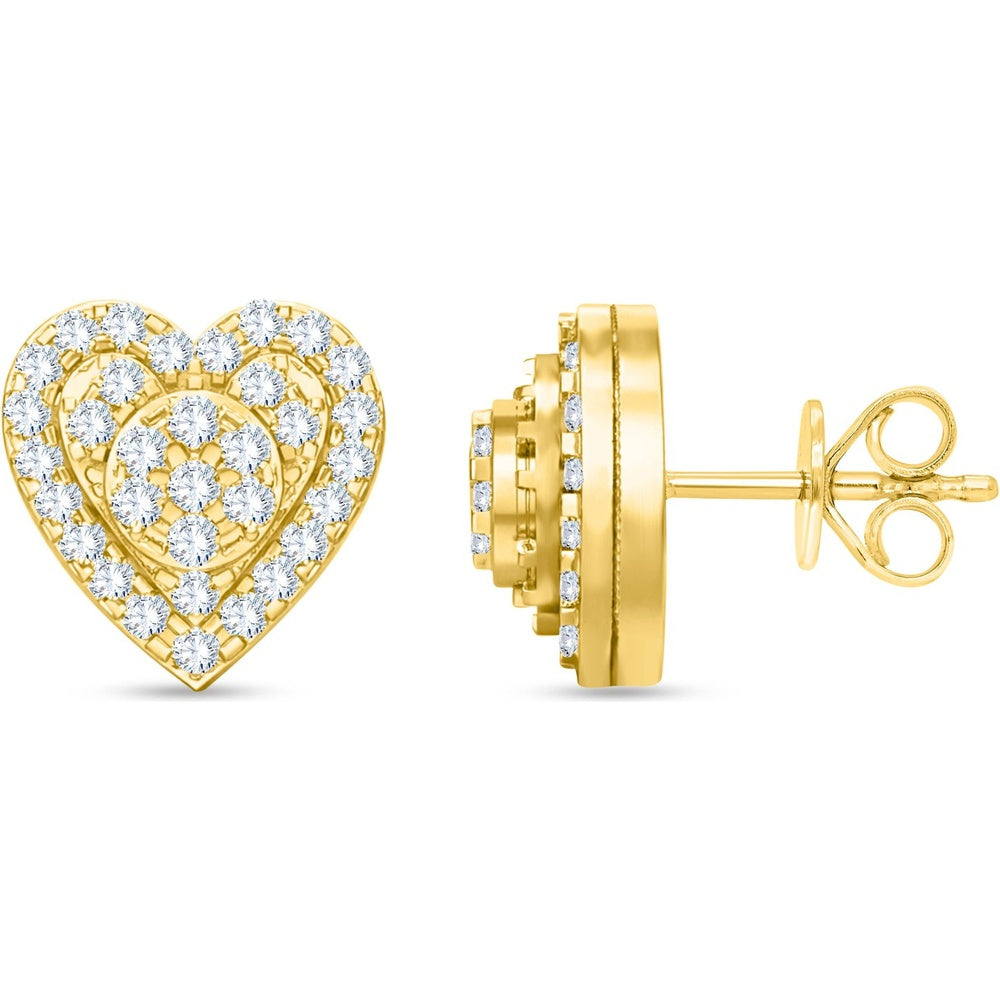 10K Yellow Gold Double Halo Diamond Heart Stud Earrings - 0.30 Carat Total Diamond Weight by Auriventus
