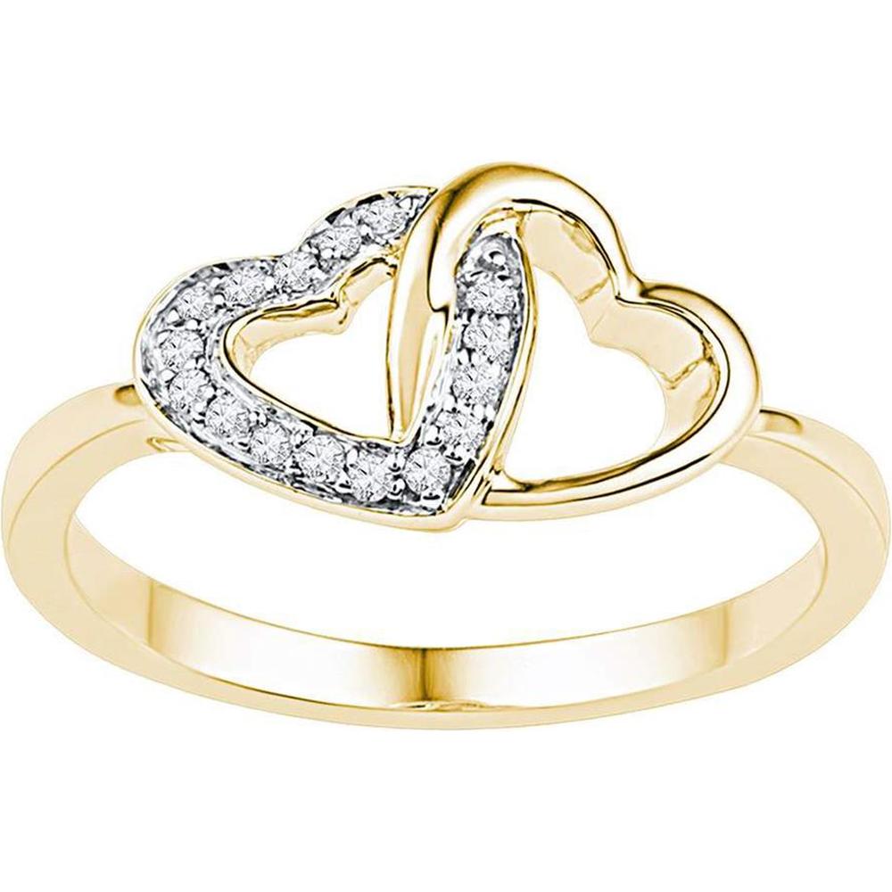 10K Yellow Gold Double Interlocking Heart Ring with Pave-Set Round Diamonds - 1/12 Carat Total Diamond Weight