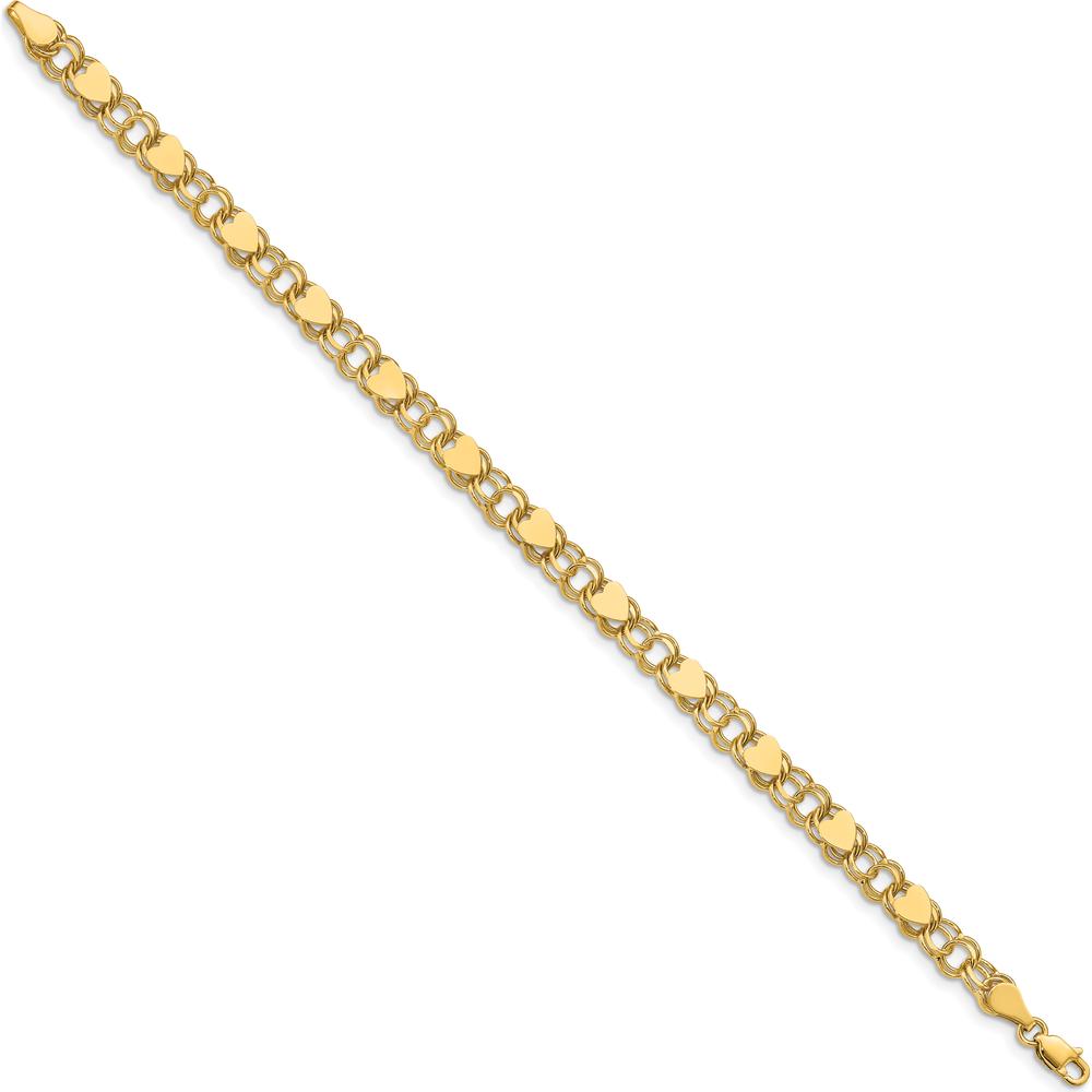 10K Yellow Gold Double Link Charm Bracelet with Heart Motifs - 8"