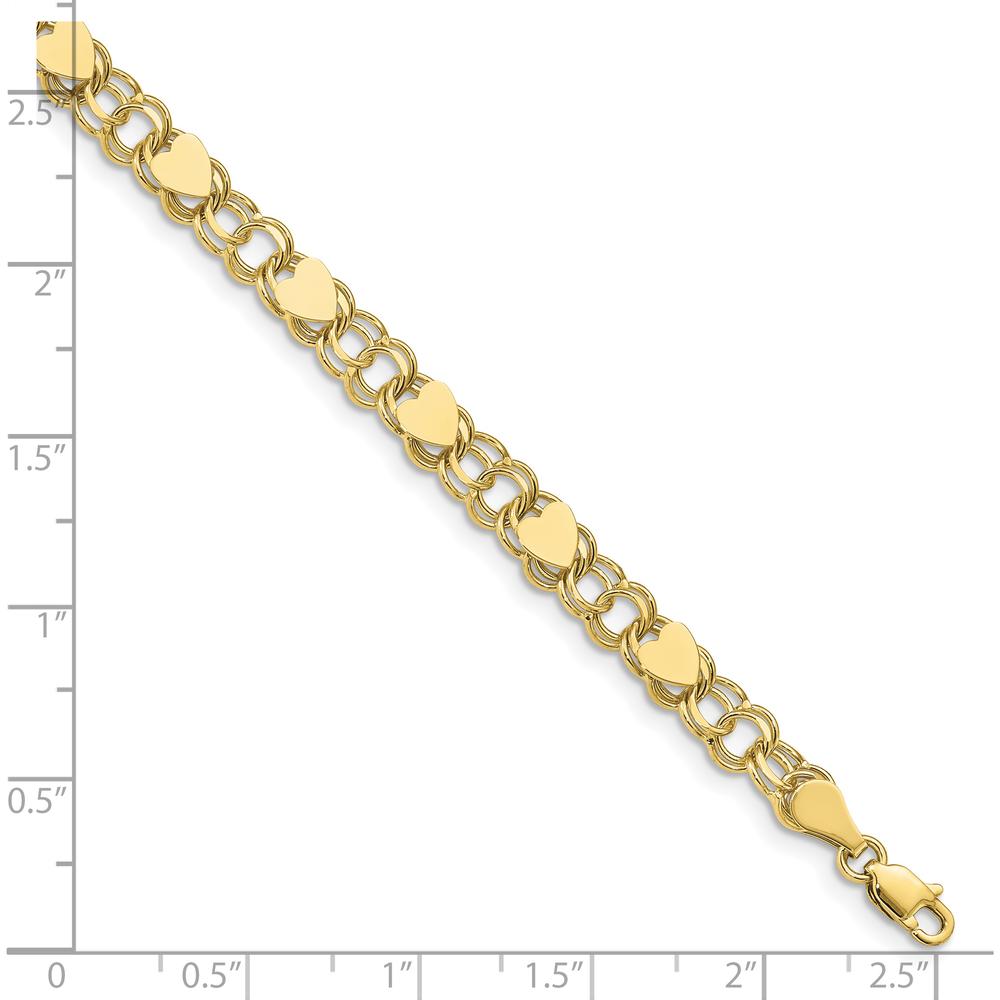 10K Yellow Gold Double Link Charm Bracelet with Heart Motifs - 8"