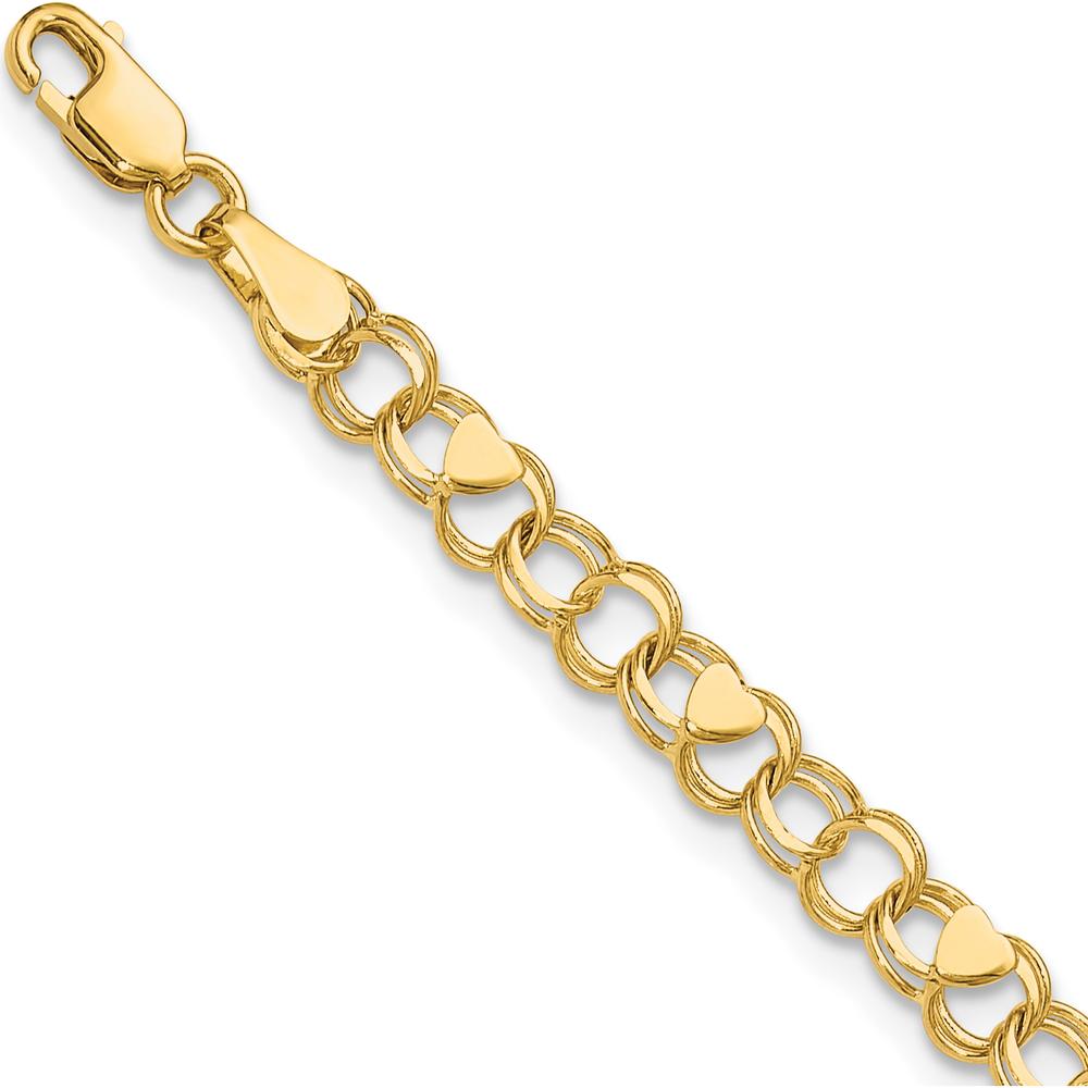 10K Yellow Gold Double Link Heart Charm Bracelet - 7"