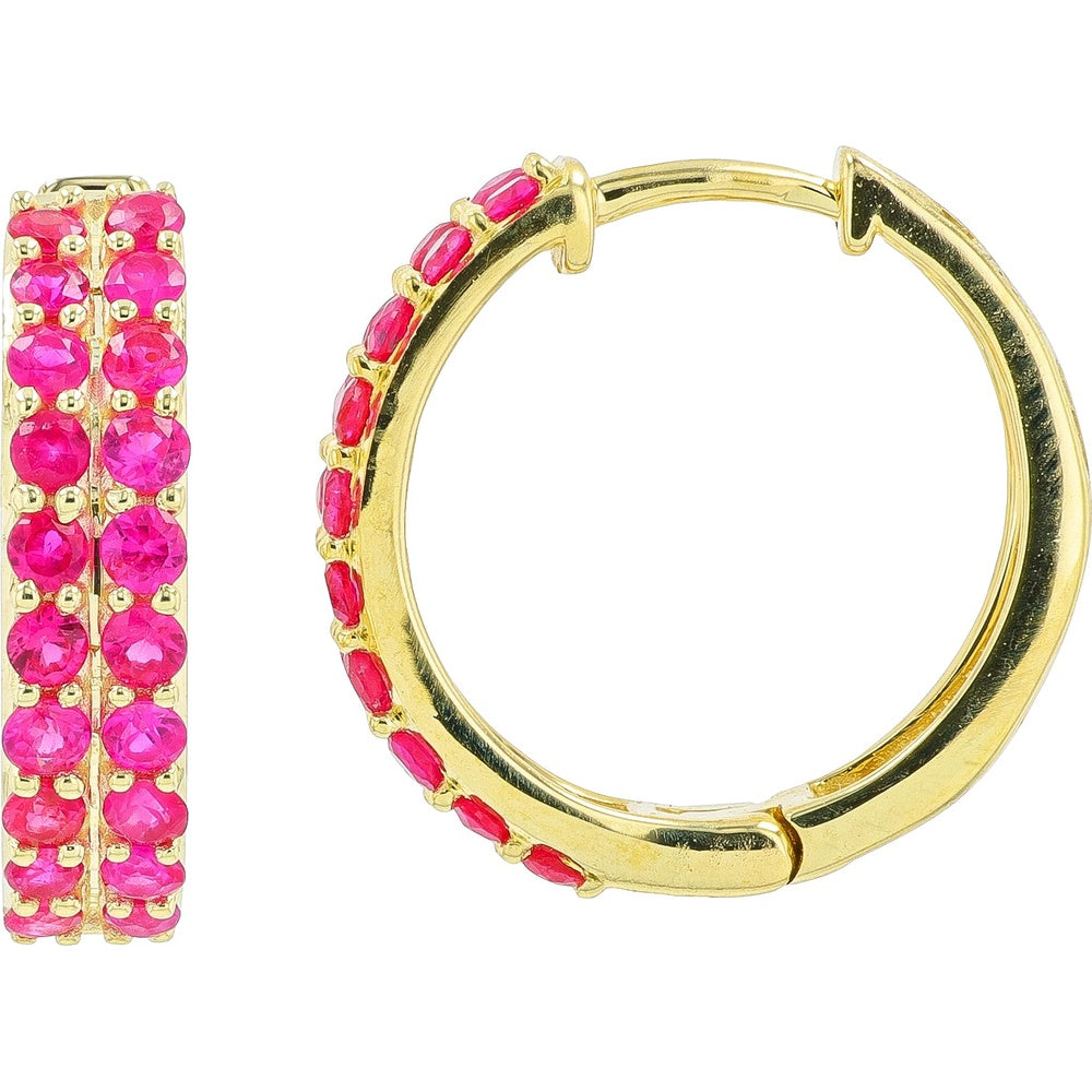 10K Yellow Gold Double Row Medium Hoop Earrings with Prong-Set Round Rubies - 0.85 Carat Total Gem Weight