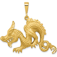 10K Yellow Gold Dragon Pendant - Polished Finish, 35mm Length, 40mm Width
