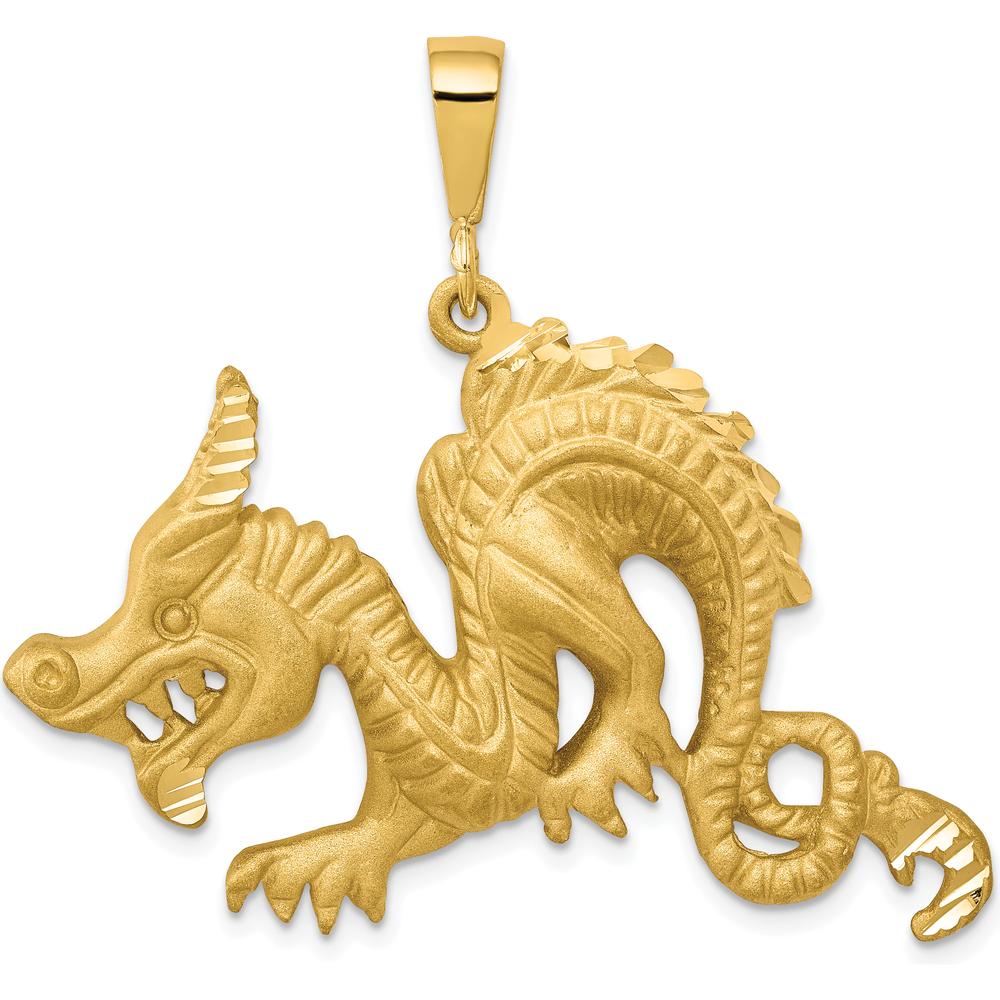 10K Yellow Gold Dragon Pendant - Polished Finish, 35mm Length, 40mm Width