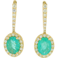10K Yellow Gold Drop Earrings with 2.50 Carat Oval Emeralds and 0.50 Carat Halo Diamonds