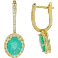 10K Yellow Gold Drop Earrings with 2.50 Carat Oval Emeralds and 0.50 Carat Halo Diamonds