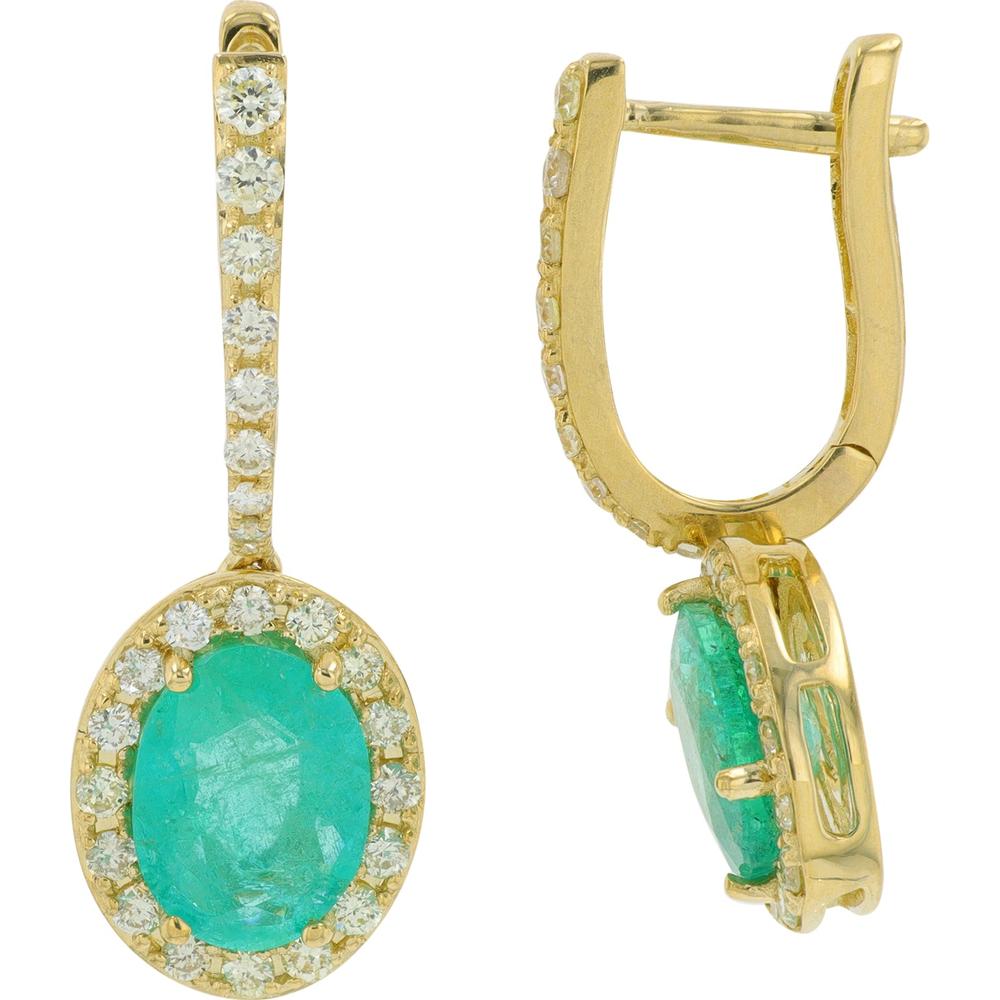 10K Yellow Gold Drop Earrings with 2.50 Carat Oval Emeralds and 0.50 Carat Halo Diamonds