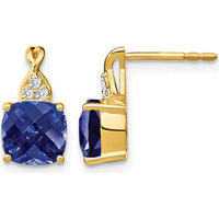 10K Yellow Gold Drop Earrings with Checkerboard Created Sapphire and Round Diamonds - 1.68 Carat Total Sapphire Weight by Oro Pregiato