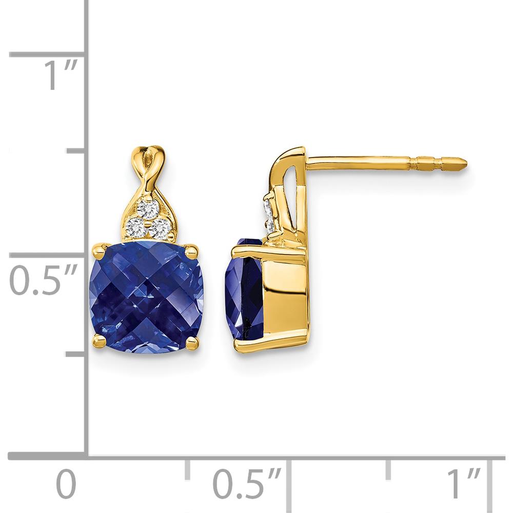 10K Yellow Gold Drop Earrings with Checkerboard Created Sapphire and Round Diamonds - 1.68 Carat Total Sapphire Weight by Oro Pregiato