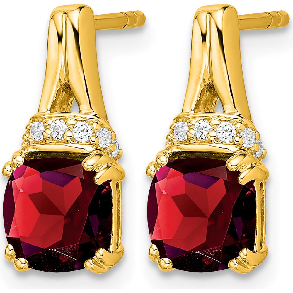 10K Yellow Gold Drop Earrings with Cushion Cut Garnet and Round Diamonds - 1.25 Carat Total Garnet Weight, 0.05 Carat Total Diamond Weight by Monteluci Fine Jewelry