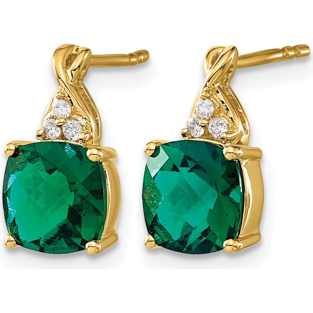 10K Yellow Gold Drop Earrings with Cushion Cut Lab Created Emerald and Round Diamonds - 1.68 Carat Total Emerald Weight by Oro Pregiato