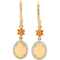10K Yellow Gold Drop Earrings with Floral Citrine Accents, Cabochon Opal Centers, and Created White Sapphire Halos - 1.50 Carat Total Gem Weight