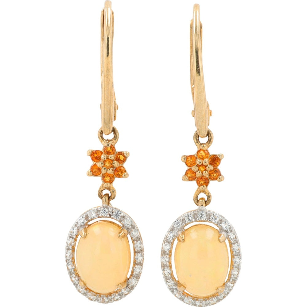 10K Yellow Gold Drop Earrings with Floral Citrine Accents, Cabochon Opal Centers, and Created White Sapphire Halos - 1.50 Carat Total Gem Weight