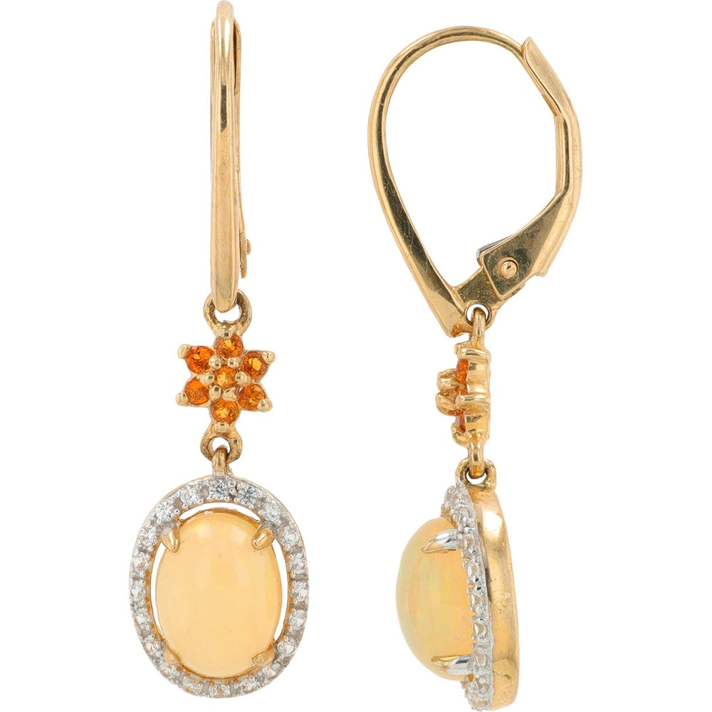 10K Yellow Gold Drop Earrings with Floral Citrine Accents, Cabochon Opal Centers, and Created White Sapphire Halos - 1.50 Carat Total Gem Weight