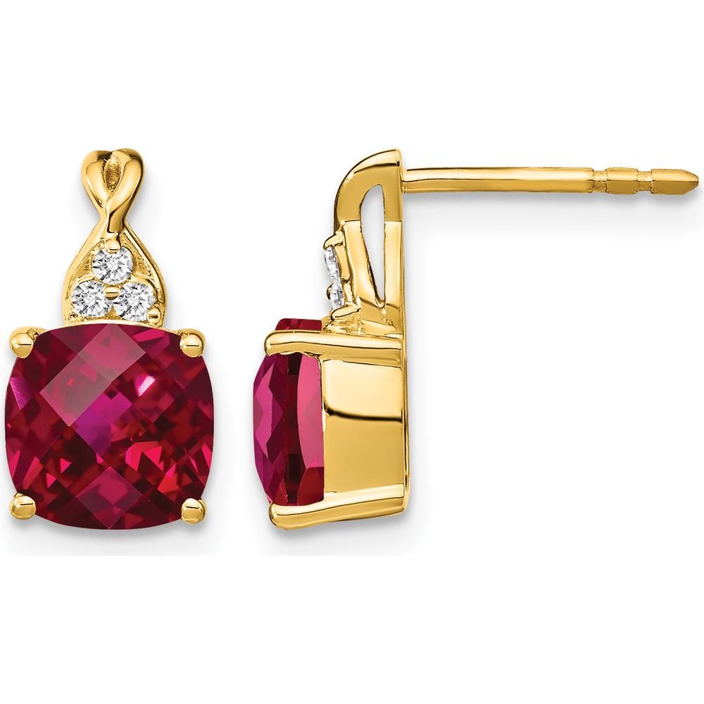 10K Yellow Gold Drop Earrings with Lab-Created Cushion Cut Rubies and Diamond Accents - 1.94 Carat Total Ruby Weight by Oro Pregiato