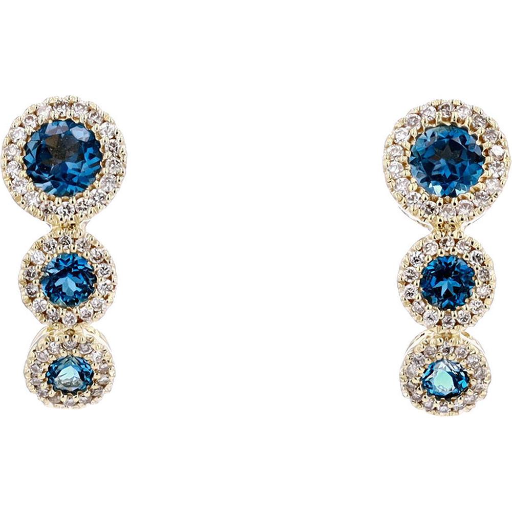 10K Yellow Gold Drop Earrings with London Blue Topaz and Diamond Halos - 0.20 Carats Total Gem Weight