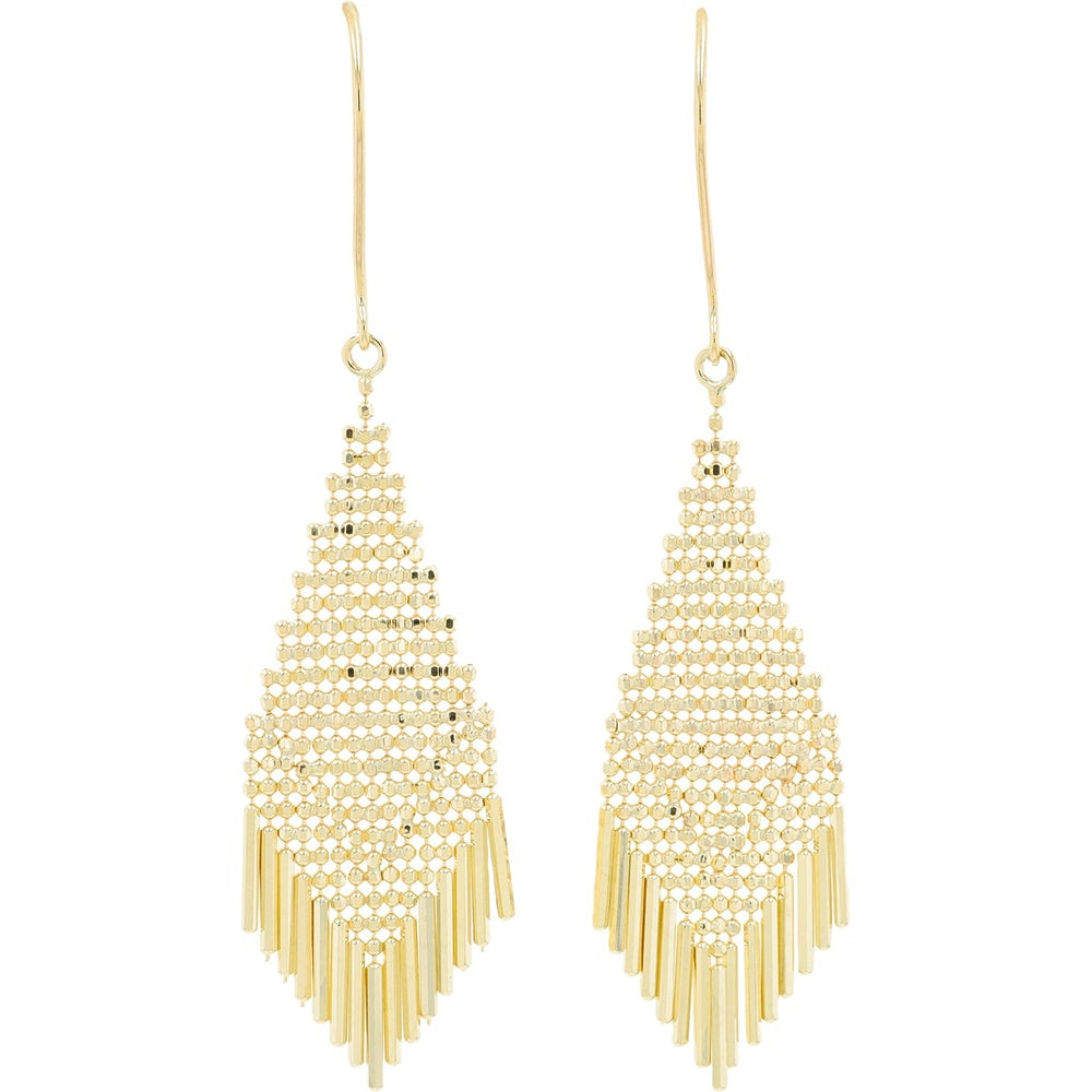 10K Yellow Gold Drop Earrings with Open Mesh Body and Polished Fringe Tassels