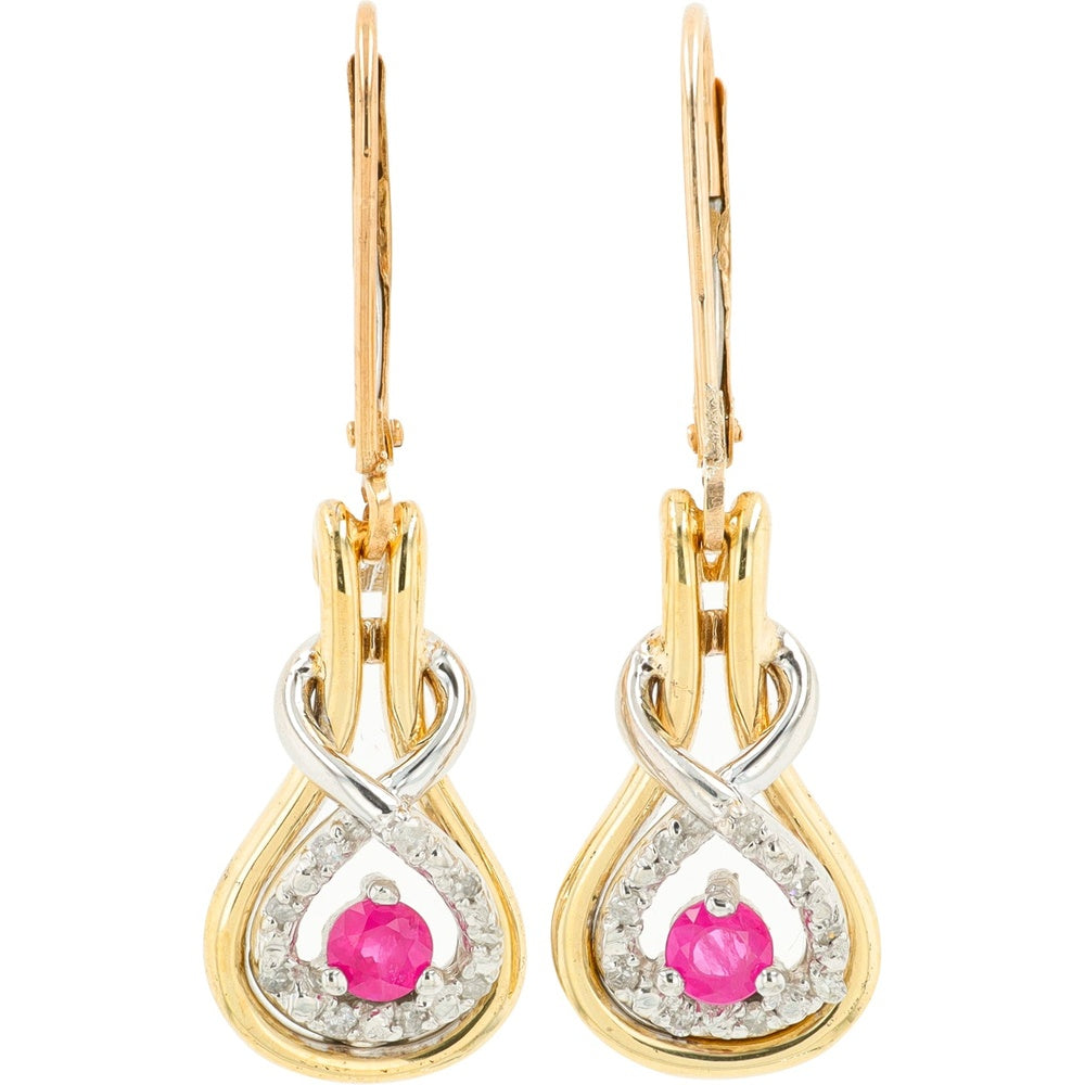 10K Yellow Gold Drop Earrings with Oval Rubies and Diamond Halo Accents - 0.28 Carat Total Ruby Weight & 0.09 Carat Total Diamond Weight