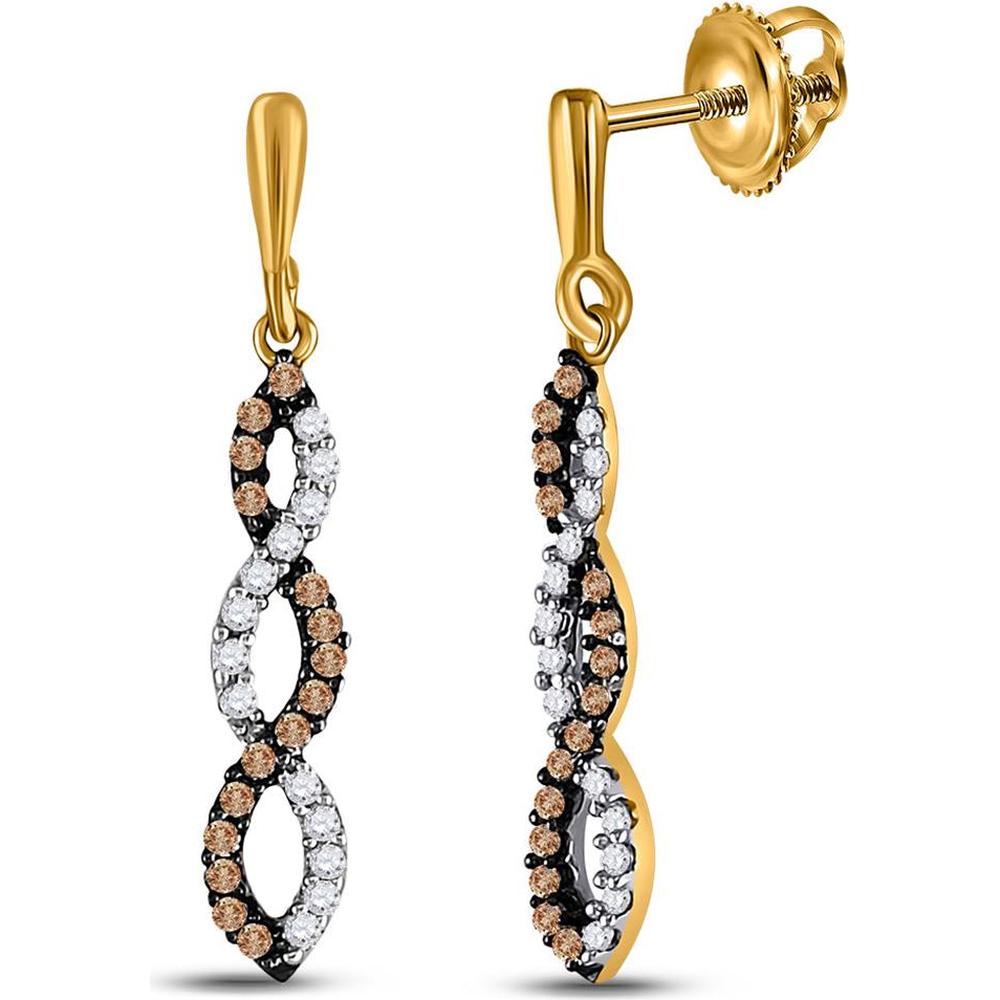 10K Yellow Gold Drop Earrings with Prong-Set Round Brown and White Diamonds - 0.18 Carat Total Diamond Weight