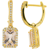 10K Yellow Gold Drop Earrings with Radiant-Cut Morganite and Diamond Halo - 0.26 Carat Total Diamond Weight