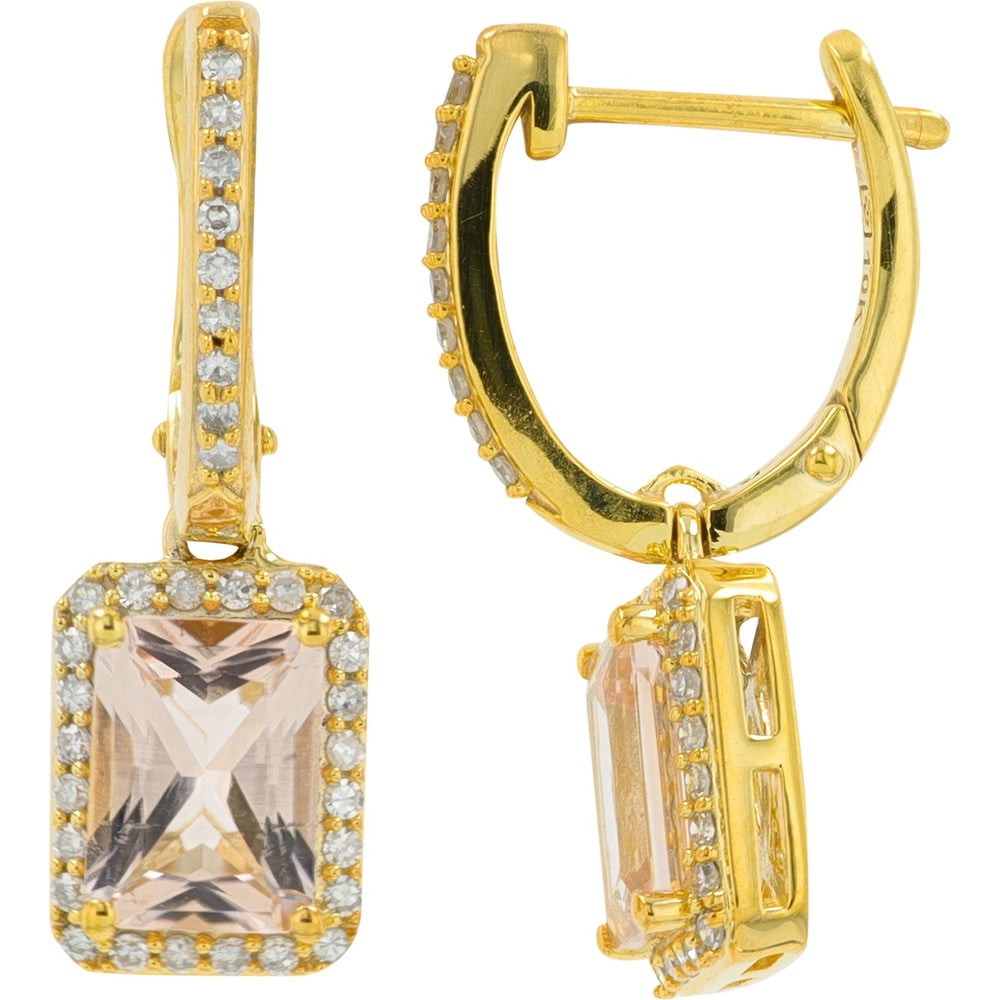 10K Yellow Gold Drop Earrings with Radiant-Cut Morganite and Diamond Halo - 0.26 Carat Total Diamond Weight