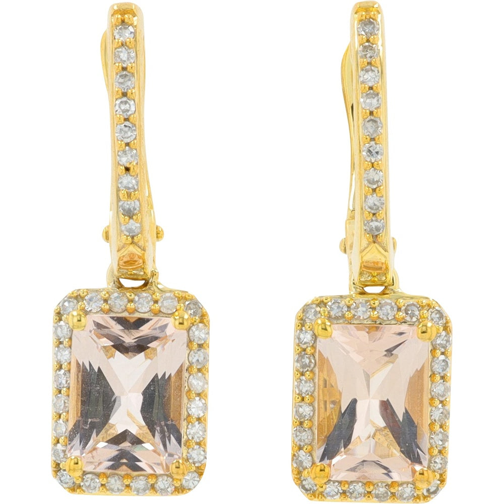 10K Yellow Gold Drop Earrings with Radiant-Cut Morganite and Diamond Halo - 0.26 Carat Total Diamond Weight
