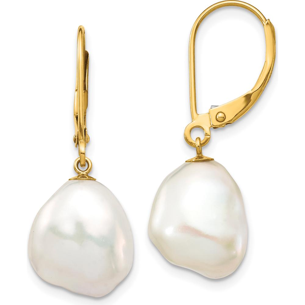 10K Yellow Gold Drop Earrings with White Keshi Freshwater Cultured Pearls - 20mm Total Length
