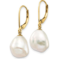 10K Yellow Gold Drop Earrings with White Keshi Freshwater Cultured Pearls - 20mm Total Length