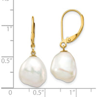 10K Yellow Gold Drop Earrings with White Keshi Freshwater Cultured Pearls - 20mm Total Length