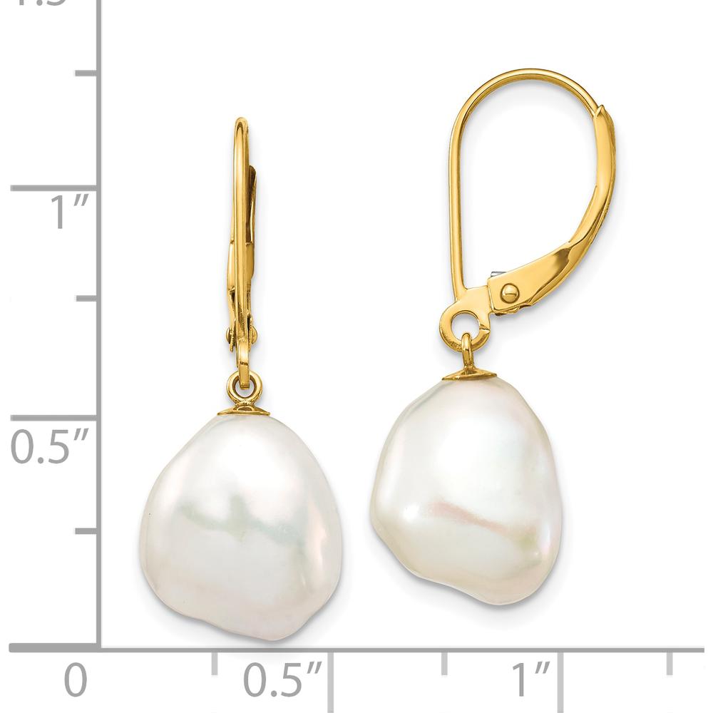 10K Yellow Gold Drop Earrings with White Keshi Freshwater Cultured Pearls - 20mm Total Length