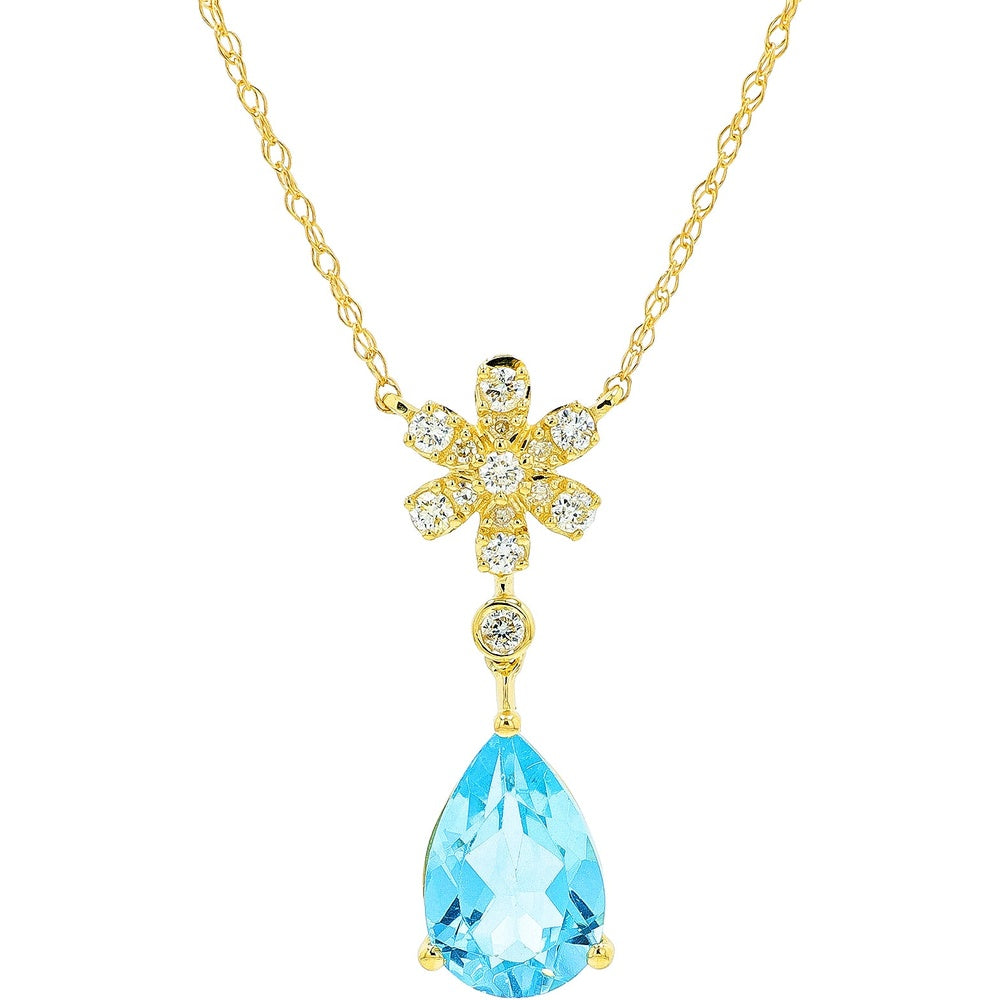 10K Yellow Gold Drop Necklace with Floral Diamond Cluster and Pear-Shaped Blue Topaz - 1.50 Carat Total Gem Weight