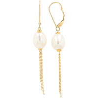 10K Yellow Gold Drop Pearl Earrings - 9-10mm Pearls with Lever Back Closure