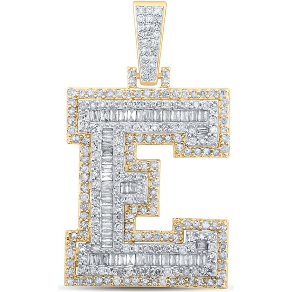 10K Yellow Gold "E" Initial Letter Diamond Pendant with Round and Baguette Diamonds - 1.00 Carat Total Diamond Weight
