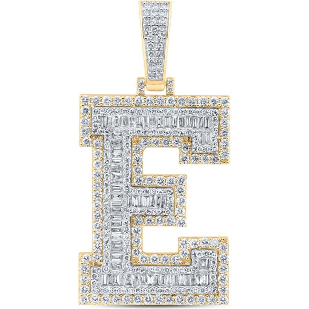 10K Yellow Gold E Initial Letter Pendant with Baguette and Round Diamonds - 3-1/3 Carat Total Diamond Weight