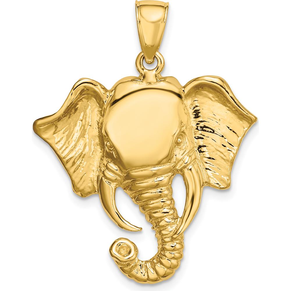 10K Yellow Gold Elephant Head Pendant with Twisted Trunk Charm - 32.77mm Total Length