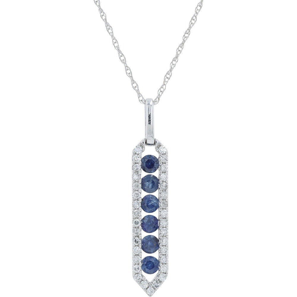 10K Yellow Gold Elongated Drop Pendant with Round Sapphires and Diamond Halo Accents - 0.20 Carat Total Diamond Weight