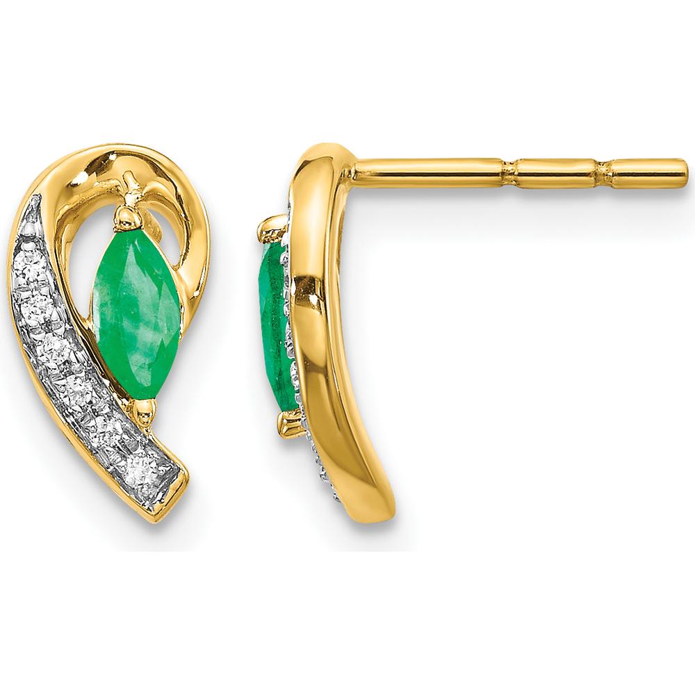 10K Yellow Gold Emerald and Diamond Button Earrings with Marquise Emeralds and Round Diamonds - 0.16 Carat Total Emerald Weight by Monteluci Fine Jewelry