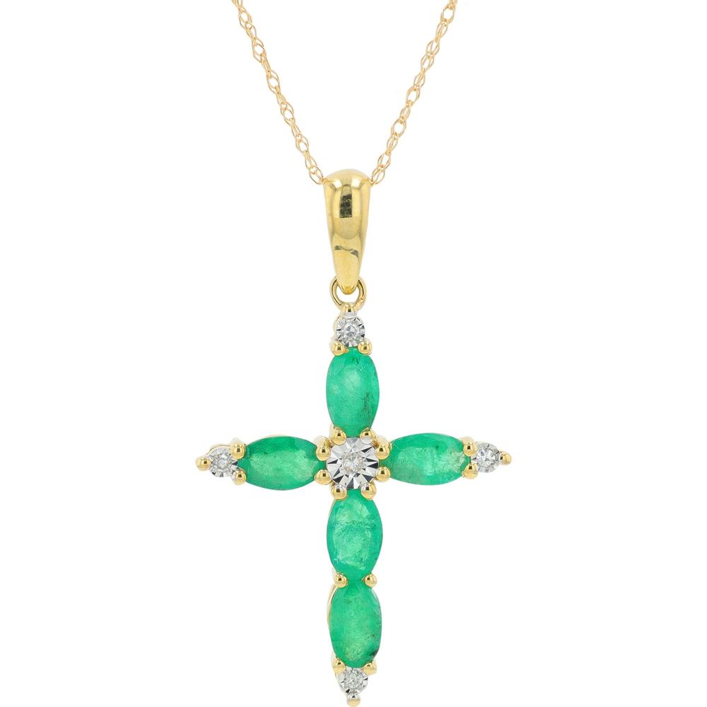 10K Yellow Gold Emerald and Diamond Cross Pendant Necklace with 0.03 Carat Total Diamond Weight