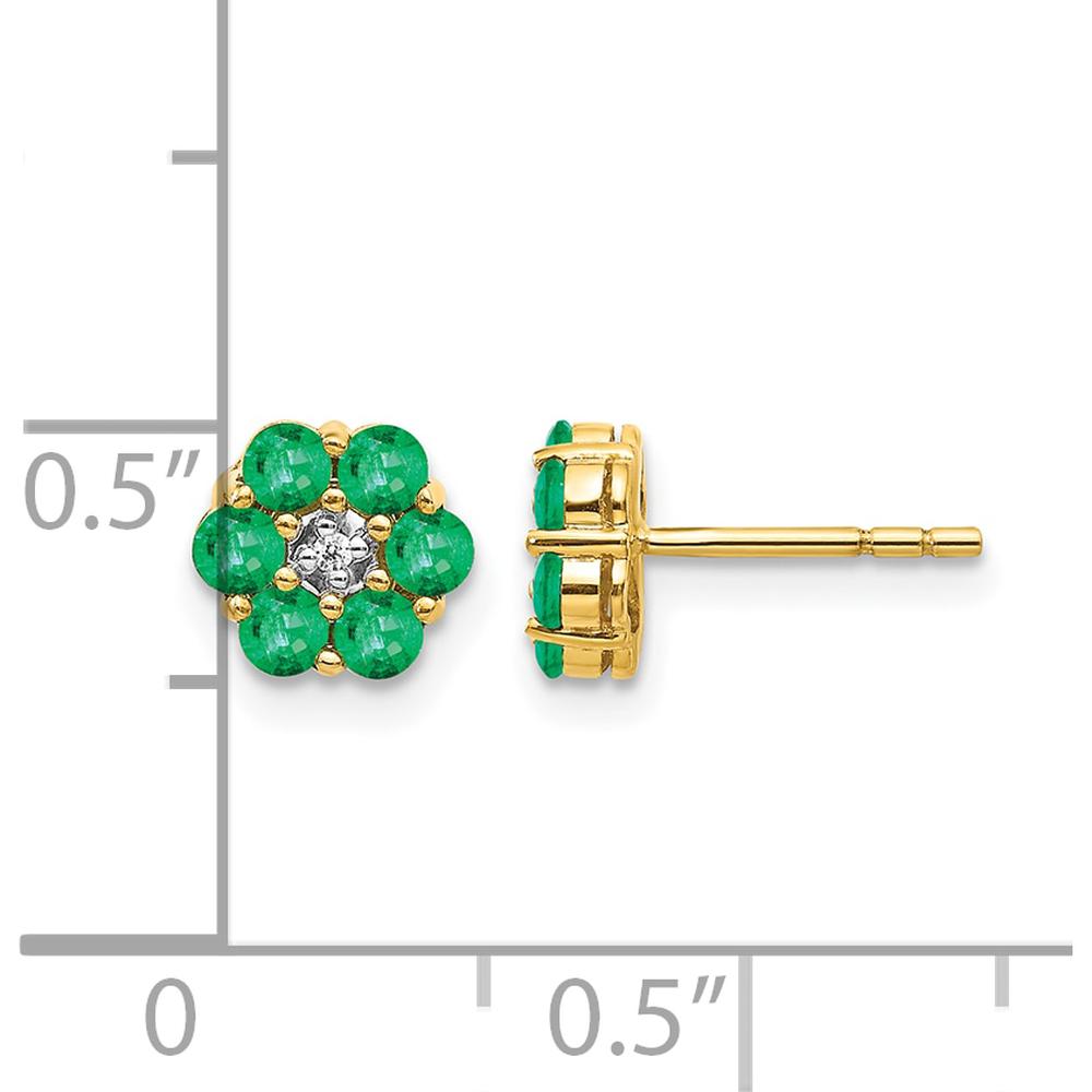 10K Yellow Gold Emerald and Diamond Flower Post Earrings - 0.048 Carat Total Emerald Weight, 0.005 Carat Total Diamond Weight by Monteluci Fine Jewelry