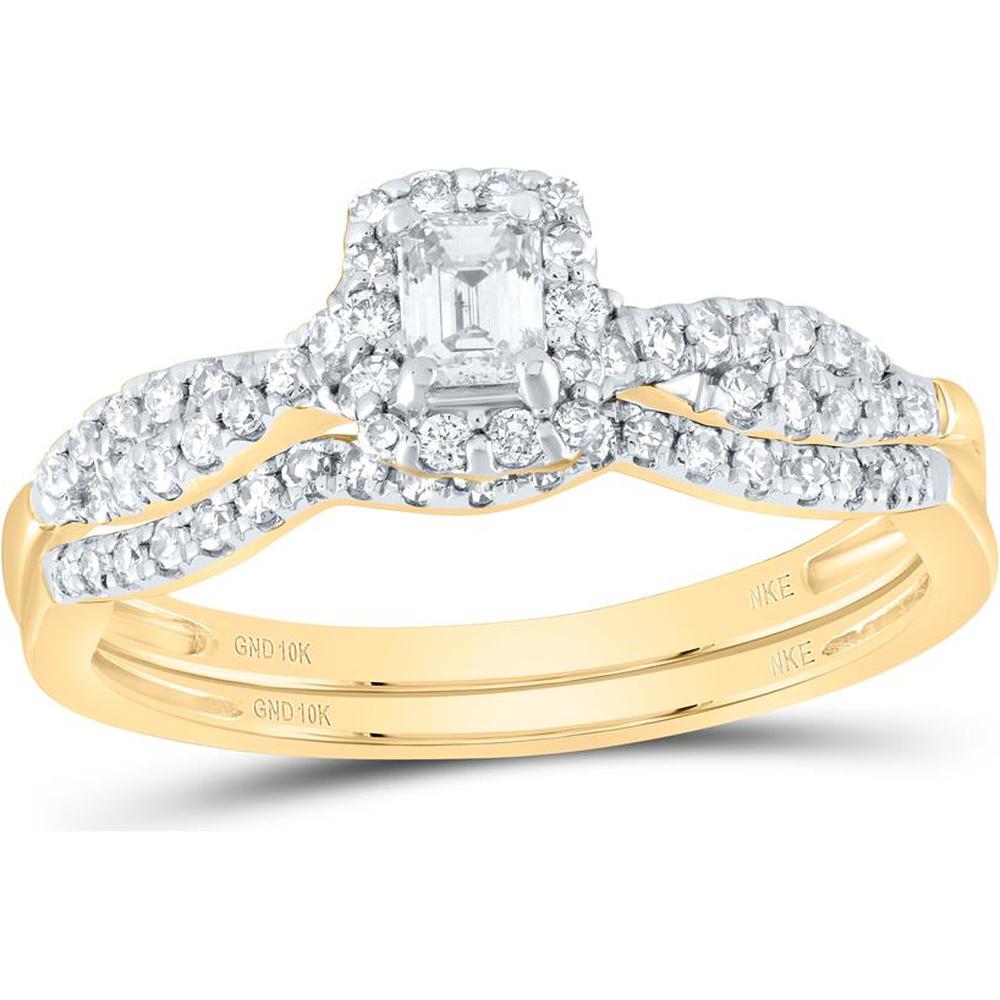 10K Yellow Gold Emerald Diamond Halo Bridal Wedding Ring Set with Round Diamonds and Blue Sapphire Accent - 1/2 Carat Total Weight