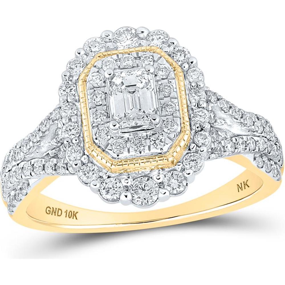10K Yellow Gold Emerald Diamond Halo Engagement Ring with Round Diamonds - 1 Carat Total Weight