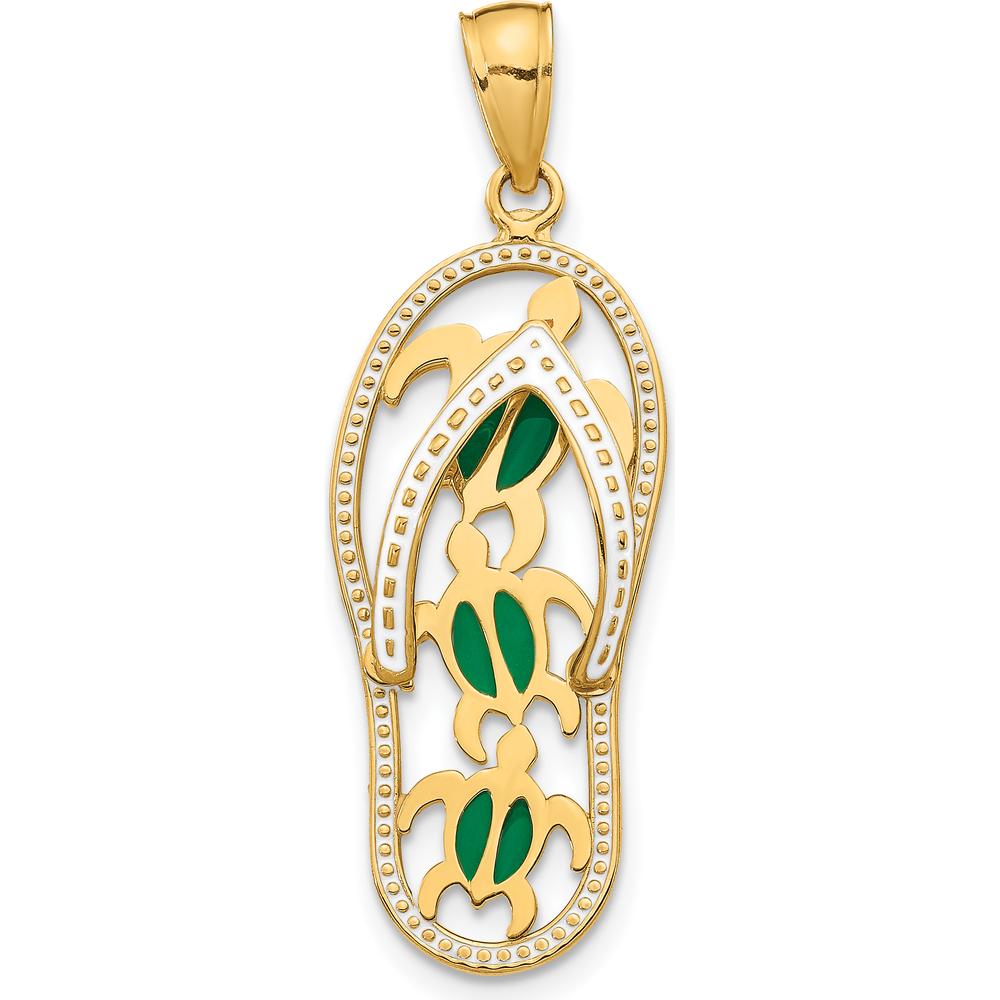 10K Yellow Gold Enamel Cut-out Flip Flop with Sea Turtles Pendant