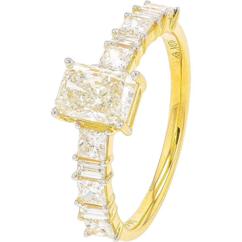 10K Yellow Gold Engagement Ring with Radiant Cut Lab Grown Diamond and Alternating Princess and Baguette Side Stones - 1.60 Carat Total Diamond Weight
