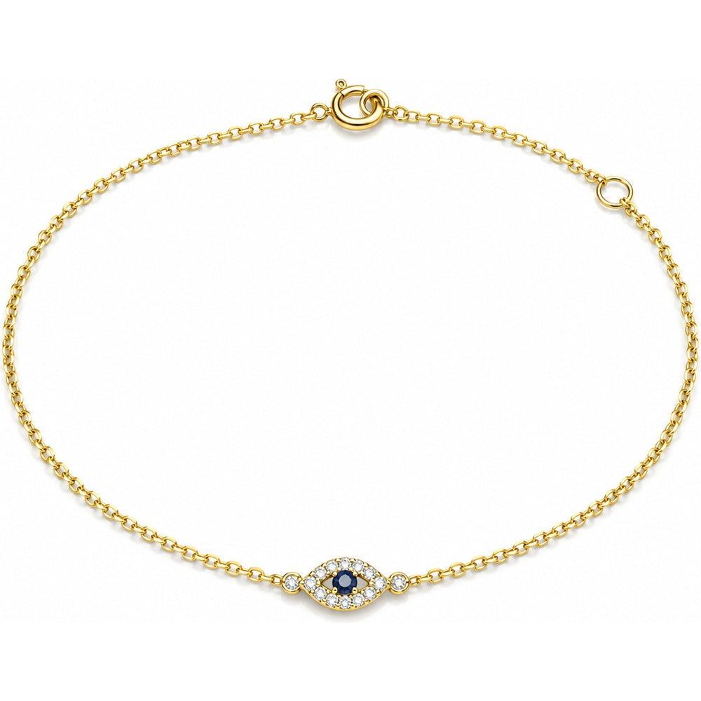 10K Yellow Gold Evil Eye Bracelet with Bezel-Set Blue Stone and Prong-Set Round Diamond Accents - 0.05 Carat Total Diamond Weight by Auriventus